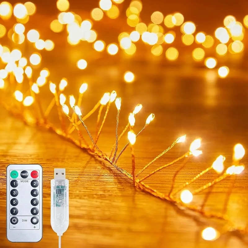 cuzile Luces de hadas USB, 6M 200 LEDs, luces de fuegos artificiales con control remoto, guirnalda de luces de Navidad, racimo de estrellas fugaces para techo, dormitorio, corona, guirnalda, ventana — Decoracion Navidad