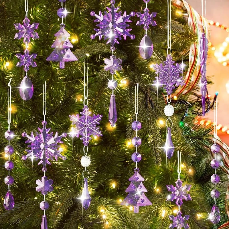 Lanpn 26 Piezas Decoración Navideña Adornos del Árbol de Navidad de Cristal, Colgante Acrílico de Copo de Nieve de Carámbanos para Navidad Invierno Exterior Interior Fiesta Decoración Morado — Decoracion Navidad