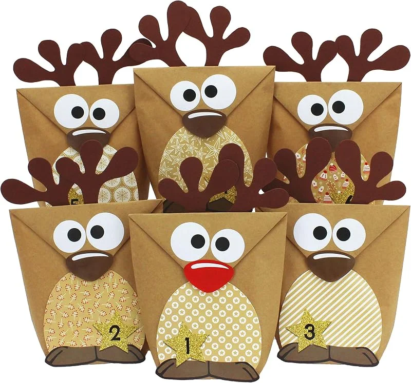 Papierdrachen DIY Calendario de Adviento para Rellenar - Reno con Barriga marrón para Hacer tú Mismo - 24 Bolsas para Personalizar y Rellenar tú Mismo - Navidad 2021 para niños — Adviento y mesa