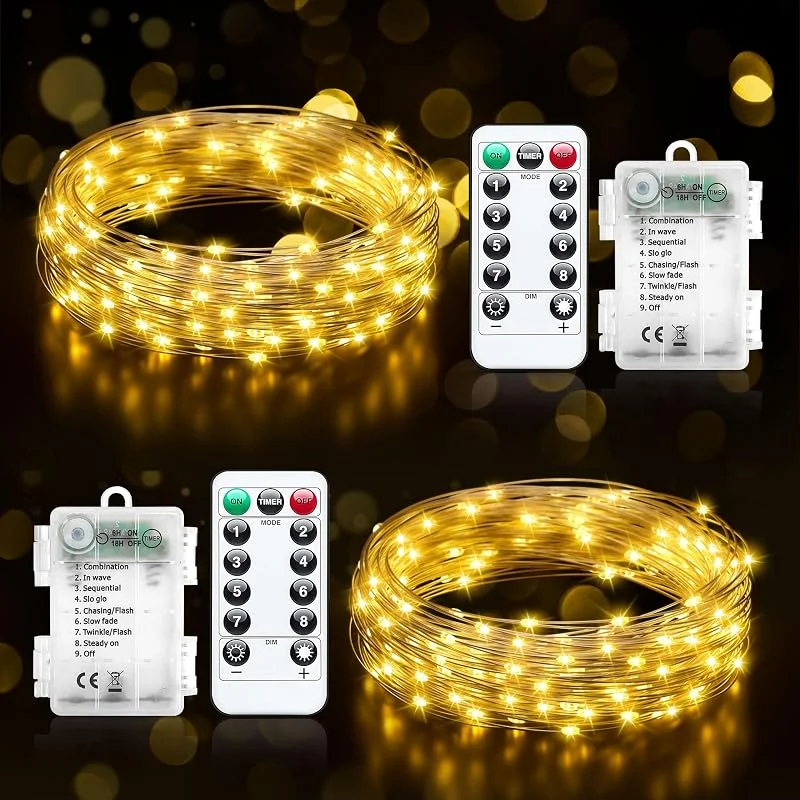 Buudala Cadena de Luces Pilas, 2 Piezas 5M 50 LED Guirnaldas Luces Alambre de Cobre, 8 Modo Con Mando a Distancia y Temporizador Micro Cadena Luces para Navidad, Habitacion, Fiesta, Jardín, Bodas — Luces Navidad