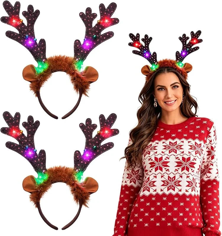 LQTSLFM Diademas de Navidad Iluminadas con Cuernos de Ciervo, Diadema de Reno LED — Ropa Navidad