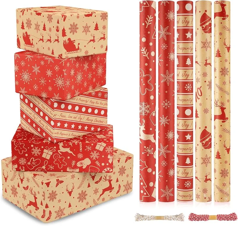 CHEPULA Papel Regalo Navidad 5 Rollo, 300cm x 43cm Papel Envolver Navideños Infantil, Reciclable Kraft Papel Regalo Christmas Wrapping Paper, Marron & Rojo — Envoltorio regalo