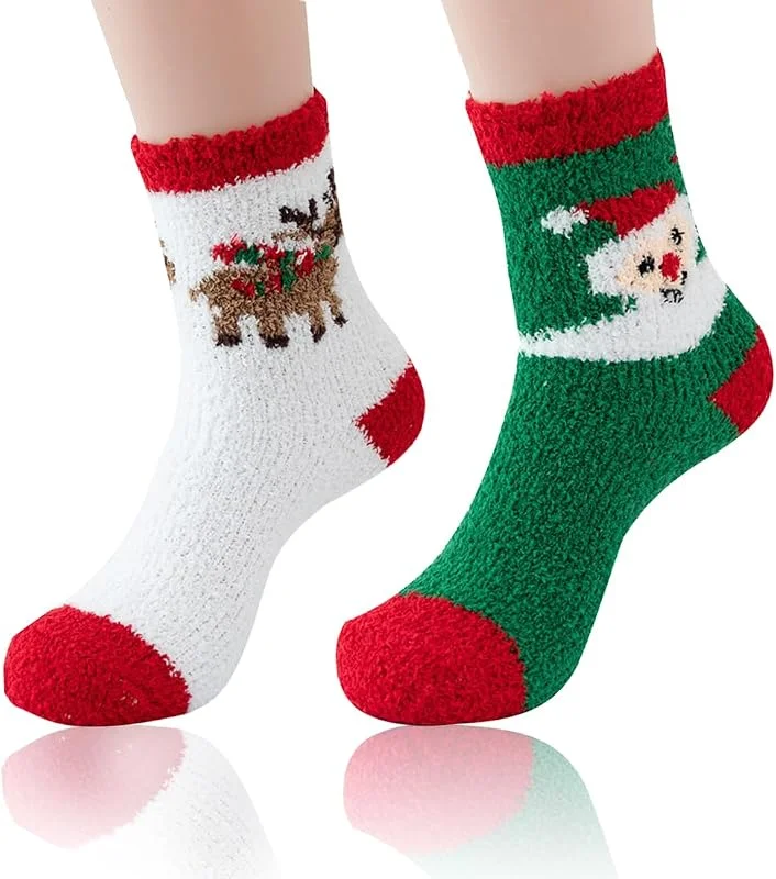 EODKSE Calcetines de Navidad Mujer Divertidos, 2 pares de Santas mullidas con patrón 3D, Calcetines invierno cálidos y gruesos para hogar, Ideales para mujeres y niñas — Decoracion Navidad