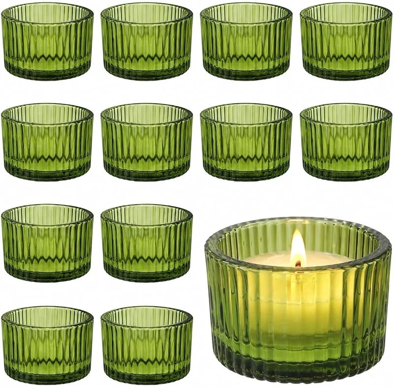 CAIXIANGYU Juego de 12 Mini portavelas de Cristal Transparente Bodas, Decoración de Mesa y Fiestas, Uso Interior, Exterior (Verde) — Cena a la luz de velas
