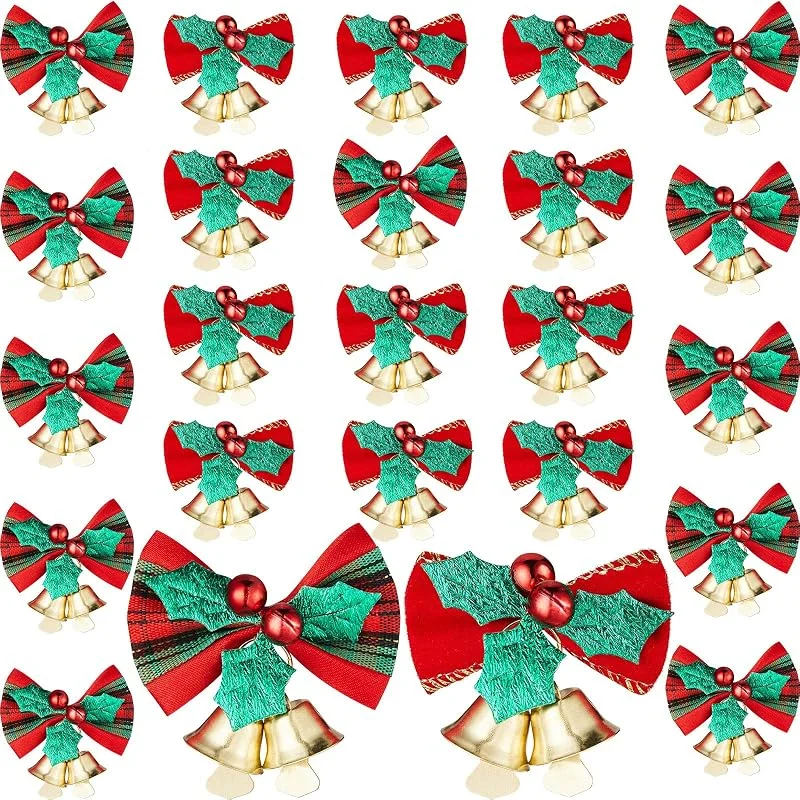Syhood 24 Piezas Mini Lazos de Navidad con Campanas Decoraciones de Corona de Colgantes de Árbol de Navidad Lazos de Cinta para Árbol de Navidad Regalos Adornos Encantos, 2 Estilos — Envoltorio regalo