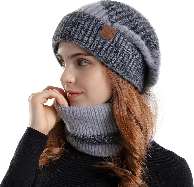 AYPOW Conjunto Bufanda y Gorro Invierno Mujer, 2 en 1 Set Gorros de Punto y Bufanda con Doble Suave Forro Polar Conjuntos, Conjunto de Bufanda y Gorro de Invierno Para Deportes Al Aire Libre — Ropa Navidad