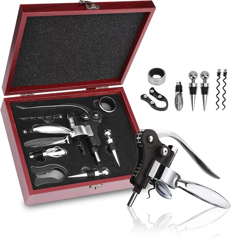 Qdreclod Juego de abridor vino, sacacorchos abridor de botellas de vino, vertedor de decantador vino, tapón de aleación de botella de vino, cortador de lámina y anillo de goteo con caja de madera Set — Vino y mesa festiva