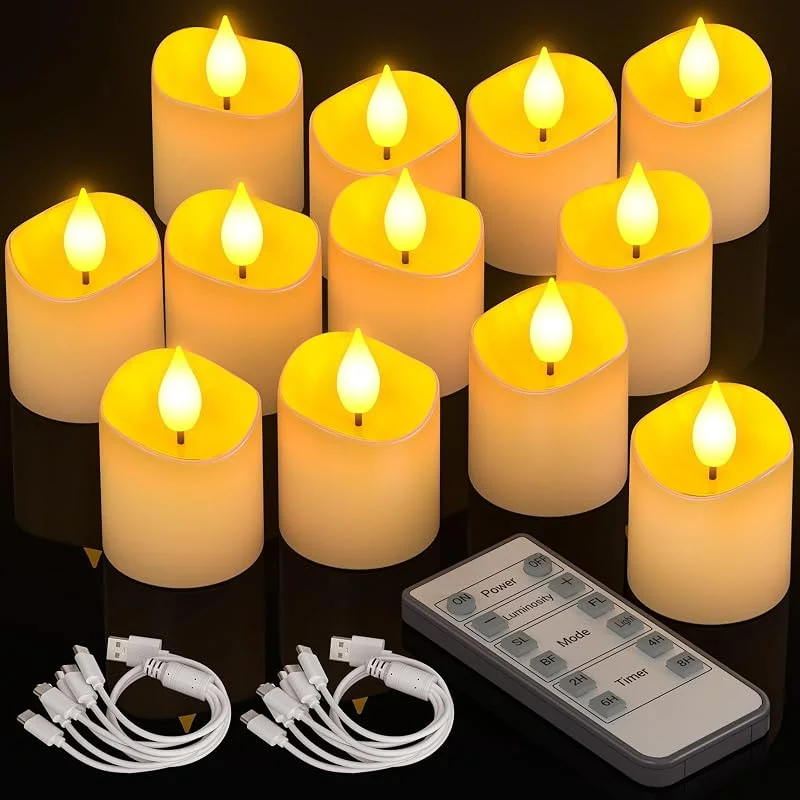 Visita la tienda de PChero PChero Velas de té LED recargables con temporizador y mando a distancia, 12 unidades de velas votivas LED eléctricas parpadeantes sin llama con función de temporizador para Halloween Año Nuevo — Cena a la luz de velas
