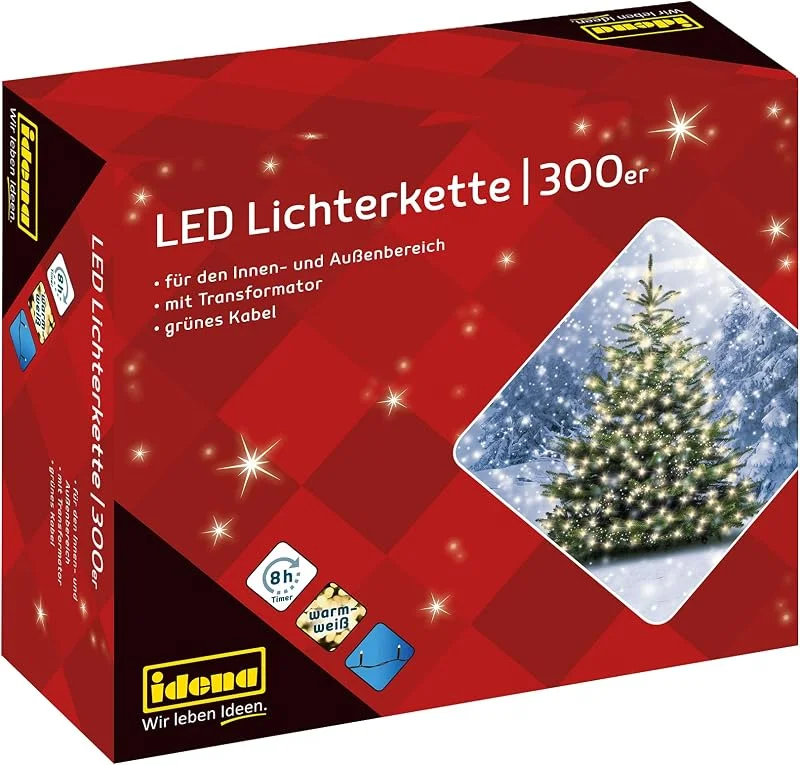 Visita la tienda de Idena Idena 30441 - Cadena de luces LED con 300 LEDs en blanco cálido, con función de temporizador de 8 horas y transformador, para interior y exterior, como decoración para fiestas, navidad, bodas — Luces Navidad
