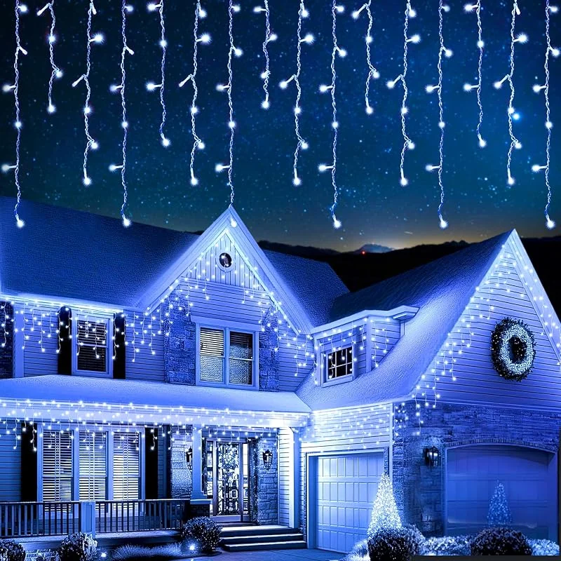 EcoNour Guirnalda de luces de carámbanos para exteriores, 360 ledes, 10 m, luz blanca fría, con temporizador para Navidad, jardín y fiesta, cable transparente — Luces Navidad