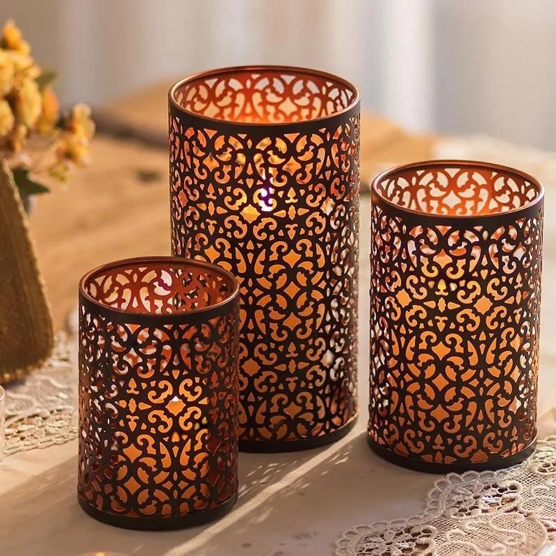 Romadedi Portavelas de metal: juego de 3 unidades negro y dorado, portavelas para velas de pilar, decoración de mesa, exterior, oriental, salón, hogar — Cena a la luz de velas