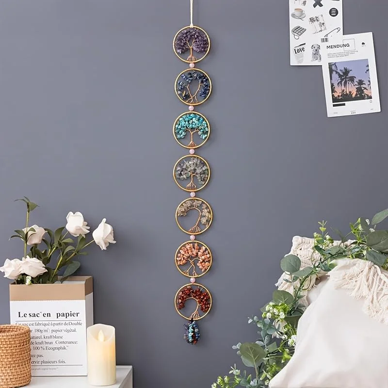7 piedras de chakras con cristales curativos, árbol de la vida, adorno para colgar en la pared, decoración para la buena suerte, reiki, yoga, meditación, protección, día de la madre, regalos para mamá — Decoracion Navidad