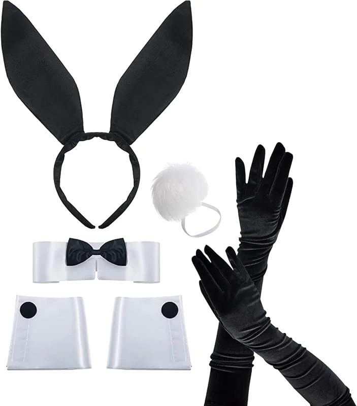 PMELCXD Set de Accesorios de Disfraz de Conejo, Diadema de Orejas de Conejo, Collar con Pajarita, Puños y Cola de Conejito para Mujer Niña Fiesta Pascua Halloween Navidad Cosplay — Ropa Navidad