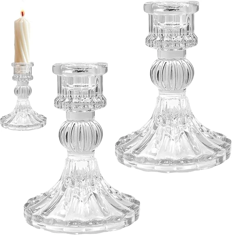Uryxery 2 portavelas de cristal transparente, candelabros vintage para bodas, mesas de comedor, diseño tipo diamante con base ancha, aptos para velas cónicas y pilar, listos para regalo — Cena a la luz de velas
