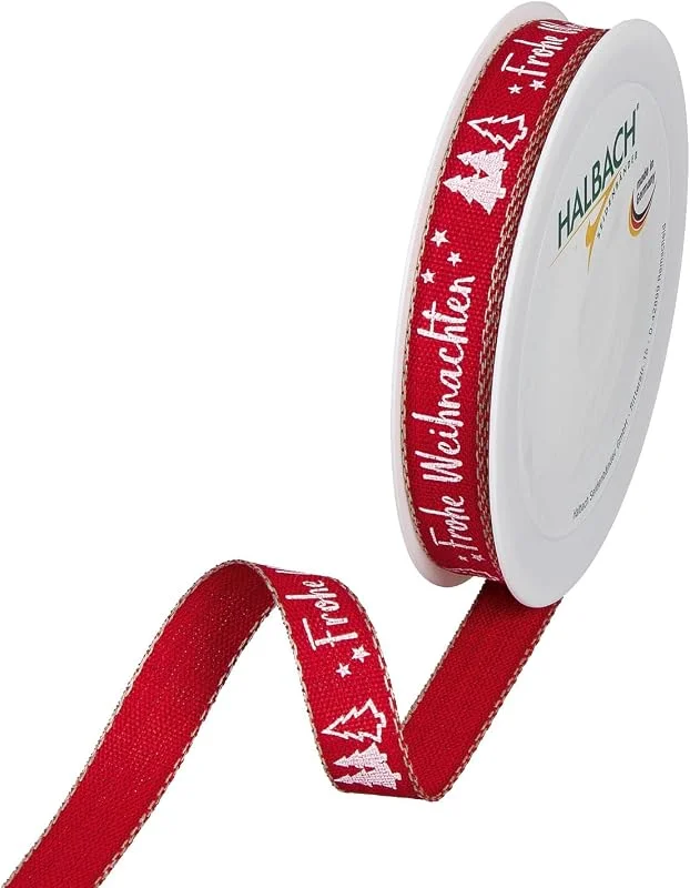 Halbach Seidenbänder Cinta de regalo de Navidad con texto "Navidad", ancho 15 mm, longitud 20 m, ideal para envolver regalos con estilo para Navidad, color: rojo, blanco — Envoltorio regalo