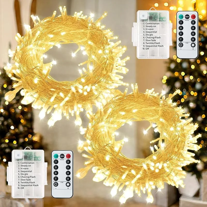 Qillnyy [2 unidades] 60 cadena de luces LED navideñas con batería, 7M, 8 modos luces exterior, interior, IP65 resistente al agua con temporizador y control remoto para Navidad, boda, balcón, jardín, decoración — Luces Navidad