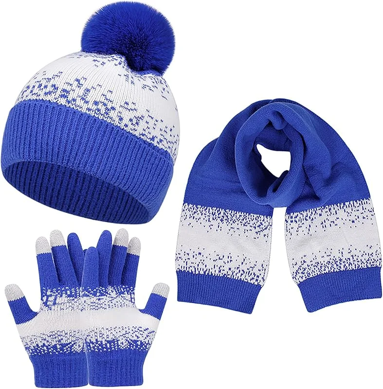 Baynetin Invierno Beanie Bufanda Guantes Conjunto para Las Mujeres Hombres Parejas - Caliente Punto Copo de Nieve Pom Sombrero, Snood, Bufanda Larga, Guantes de Pantalla Táctil Térmica — Ropa Navidad