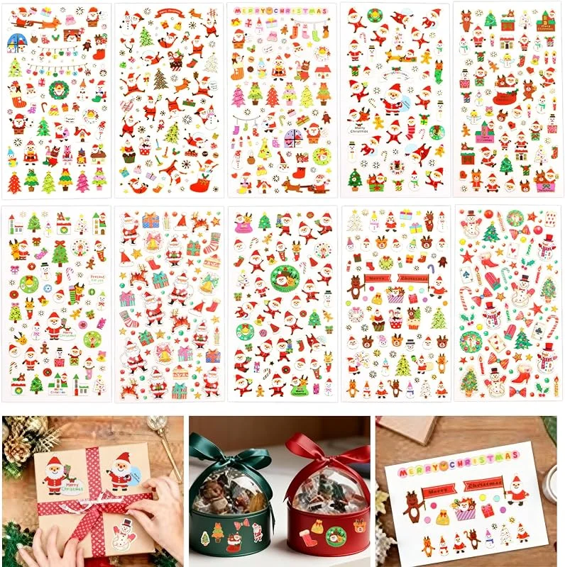 LOMIMOS 10 Hojas Pegatinas Adhesivas de Navidad, Pegatinas con Purpurina de Navidad Etiquetas de Regalos Adhesivo Embalaje de Regalo para Decoración Scrapbooking Manualidades Creativas Tarjetas — Envoltorio regalo