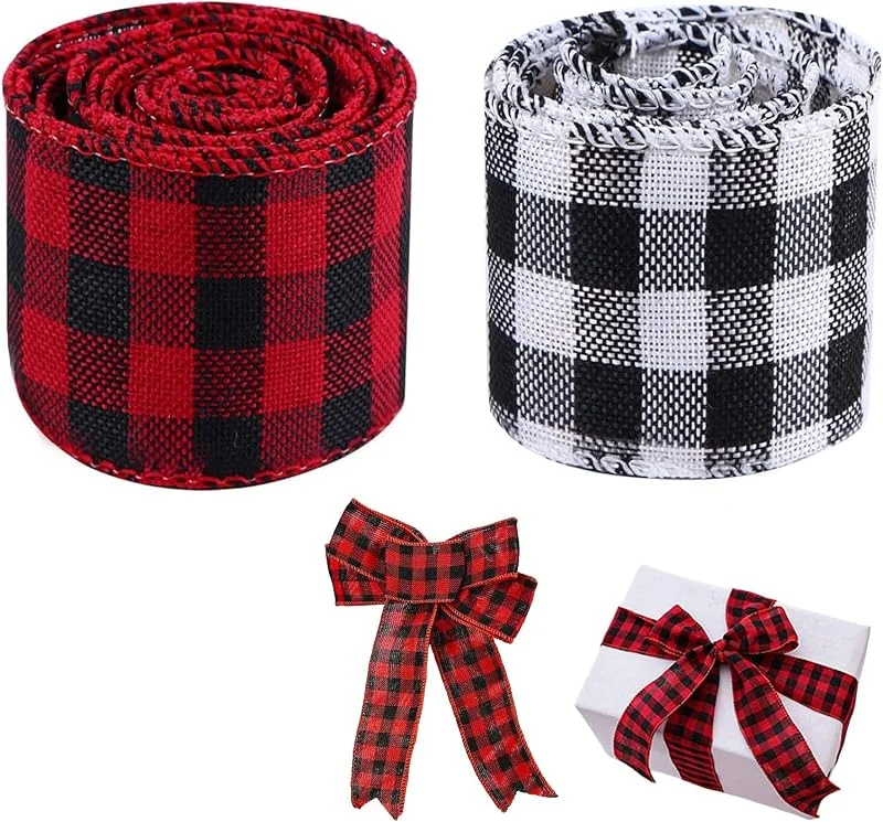 Eterspr 2 Rollos de Cintas de Arpillera, Cinta de Regalo, Cinta de Arpillera a Cuadros Roja y Negra, para Decoración Navideña, Navidad, Bricolaje Hecho a Mano, Cajas de Regalo navideñas adecuadas — Envoltorio regalo
