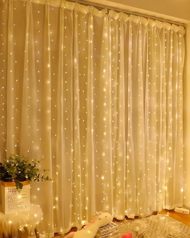 A.bigwhale Guirnalda luminosa para cortina, Cortina de luz blanco cálido 200LED, 2mx2m LED cortina luces de hadas interior USB luces para la Navidad boda ventana pared sala de fiesta decoración — Decoracion Navidad