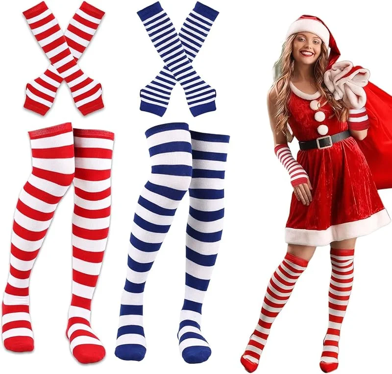 LDBKLGHJ Unisexo Alta Calcetines Largos Raya Extra Fino Mujer Calcetines y Guantes a Rayas para Niñas y Mujeres - Conjunto de Calcetines de Halloween y Guantes Sin Dedos a Rayas Rojas y Blancas para Niñas. — Decoracion Navidad