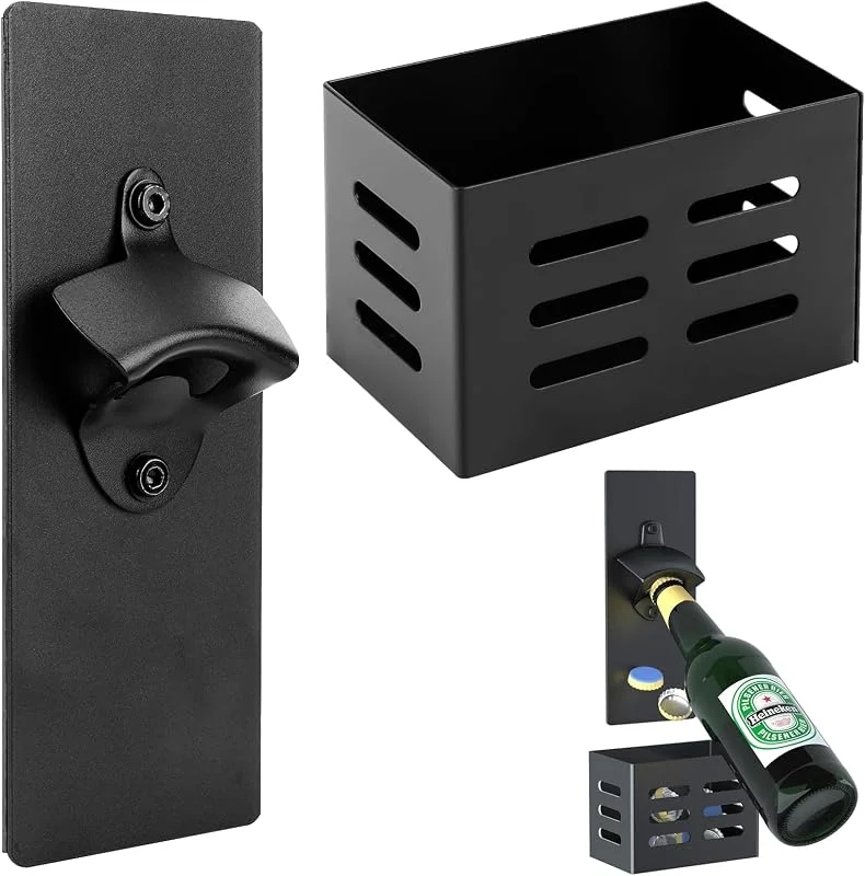 Wowlela Abrebotellas, Abrebotellas de pared con imán, acero inoxidable, abridor de cerveza montado en la pared con recipiente colector, regalo para hombres y amantes de la cerveza — Vino y mesa festiva