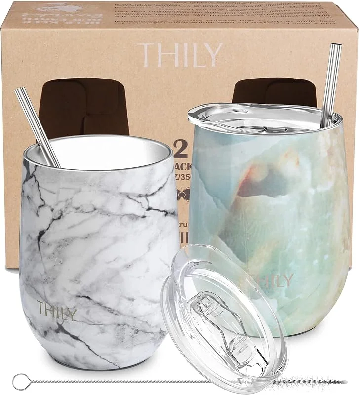 THILY Vaso de vino con aislamiento al vacío – THILY 12 onzas de acero inoxidable con tapa y pajita, regalo de cumpleaños de Navidad, paquete de 2 (mármol blanco + mármol opalo) — Vino y mesa festiva