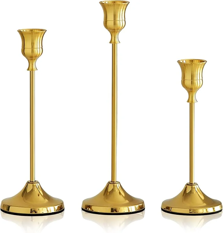 Eidoct Juego de 3 portavelas dorados, portavelas de metal, portavelas cónicos dorados, decoración moderna vintage de bronce antiguo, candelabros de metal para el hogar, bodas, fiestas y cenas — Cena a la luz de velas
