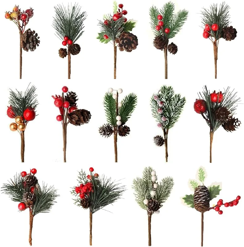 Mixxiula 14 Piezas Decoración de Bayas de Navidad Artificiales Ramas de Pino Artificiales con Bayas de Acebo Rojas Conos de Pino para Decoración de Corona de Navidad, Chimenea, Regalo, Tarjeta, Mesa — Adviento y mesa