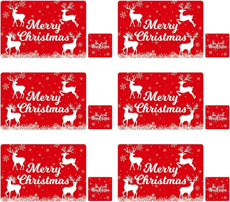 Pwsap 12Pcs Manteles Individuales Navideños y Posavasos, PVC Salvamanteles Individuales de Mesa de Comedor Navideños, Juego de Alfombrillas Navideño Resistentes para Cocina Mesa de Comedor Fiestas Navideñas — Hogar y cocina