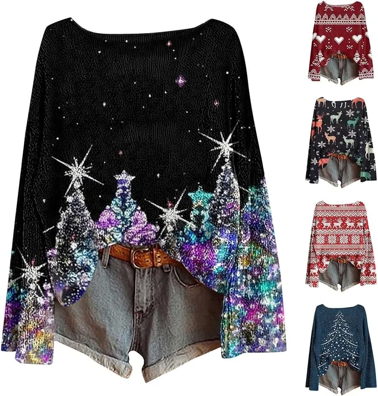 Generic HUIFUAO - Suéter de Navidad para mujer, divertido estampado de árbol de Navidad, suéter de Papá Noel, muñeco de nieve, ropa de punto, cuello redondo, manga larga, para festivales, disfraces — Ropa Navidad