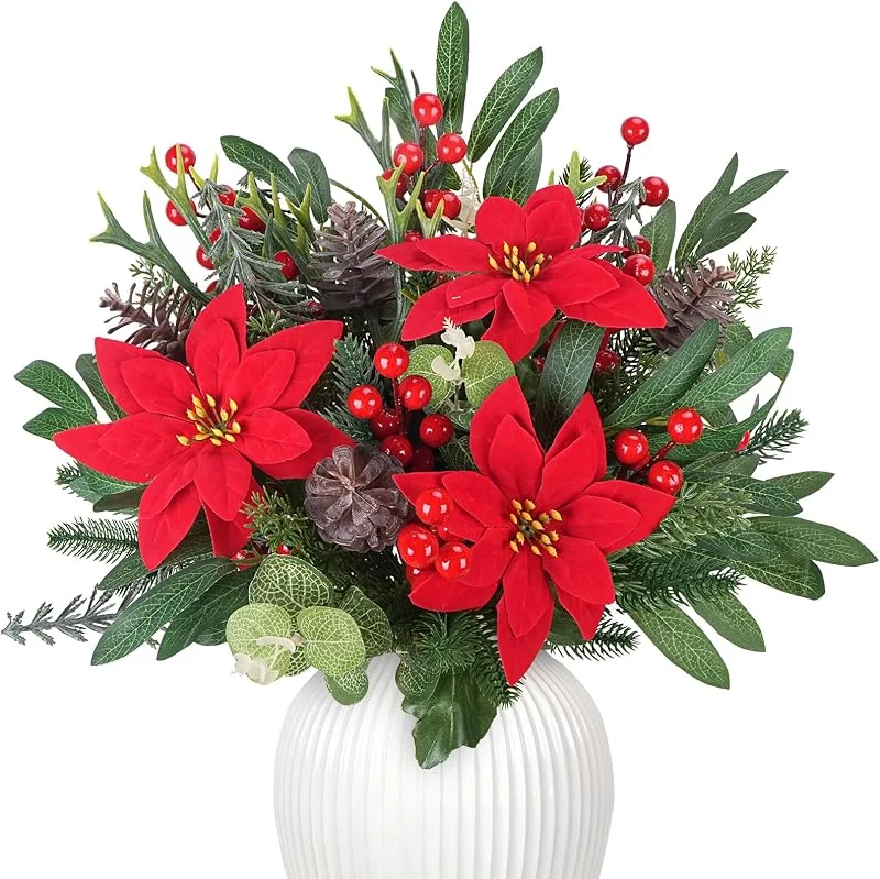 Minnhua 77PCS Ramas de Pino Artificial de Navidad y Flor de Pascua — Decoracion Navidad