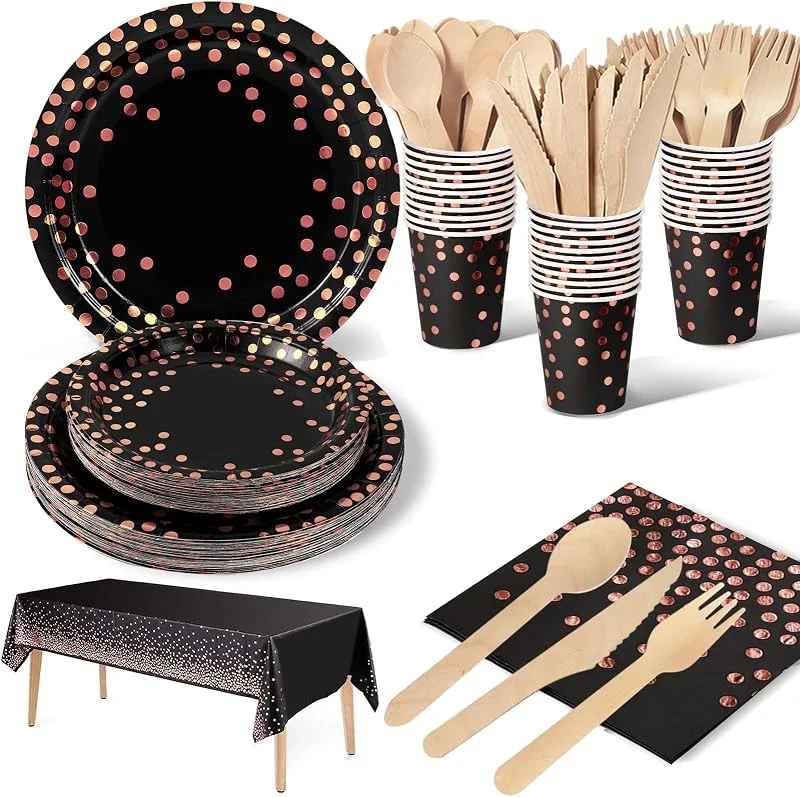 Nkaiso Negro y Oro Rosa Vajilla Fiesta Cumpleaños, 141 Piezas Platos y Vaso Cumpleaños Infantil, Juego de vajilla para Fiestas Platos Servilletas Cubiertos para Baby Shower Aniversarios -20 Invitados — Adviento y mesa
