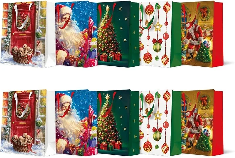 Visita la tienda de PAW Decor Collection PAW - Bolsas de Navidad 25 x 20 x 10 cm – 10 unidades, Mezcla de 5 diseños, Bolsas de regalo con asa de tela, Bolsas de regalo de Navidad, Elegantes bolsas de Navidad para regalos, Bolsas de — Envoltorio regalo
