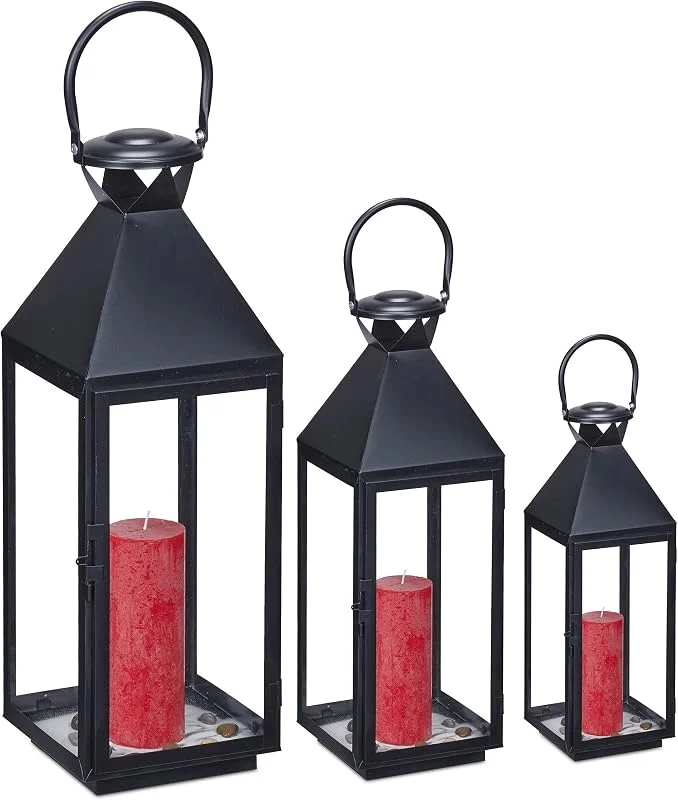 Visita la tienda de Relaxdays Relaxdays Set 3 Portavelas, Farol Decorativo para Interior y Exterior, 3 Tamaños, Metal, Cristal, Farolillo Vela, Negro — Cena a la luz de velas