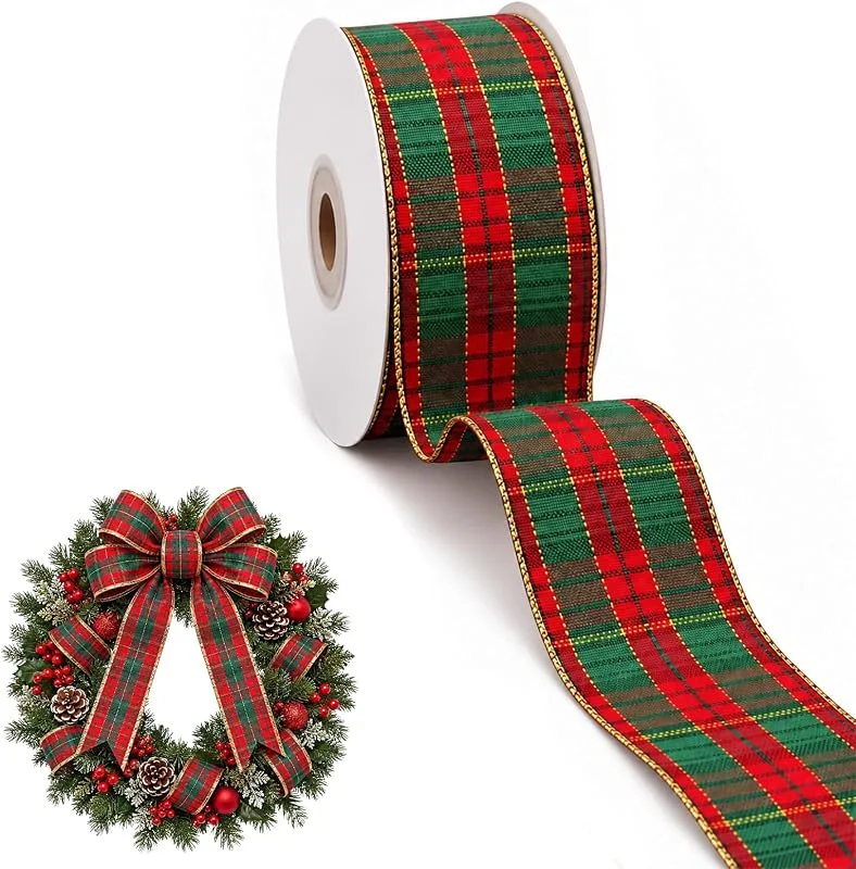 panemy Cinta Navideña a Cuadros Rojos y Verdes, Cinta para Regalos, 3.8cm — Envoltorio regalo