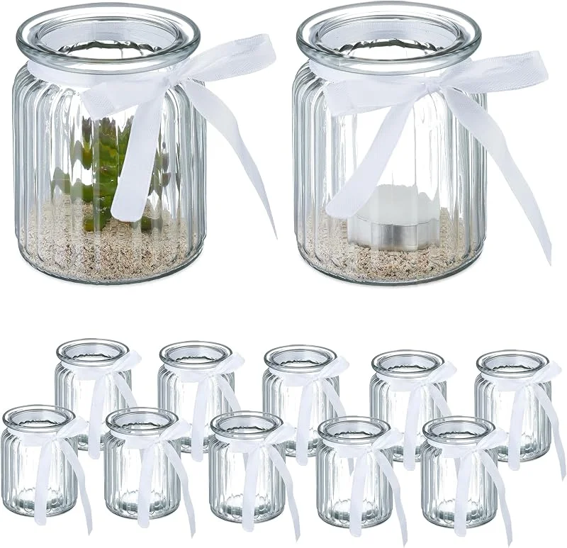 Visita la tienda de Relaxdays Relaxdays Portavelas, Set de 12, Cristal, Porta Velas Té con Lazo, Interior y Exterior, Decoración Mesa, Transparente — Cena a la luz de velas
