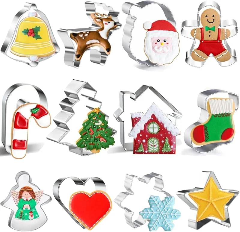 FINEVERNEK Cortadores de Galletas Navidad 12 Piezas, Moldes de Acero Inoxidable para Navidad, Moldes de Galletas de Navidad, Forma de Papá Noel, Copos de Nieve, Árbol de Navidad — Hogar y cocina