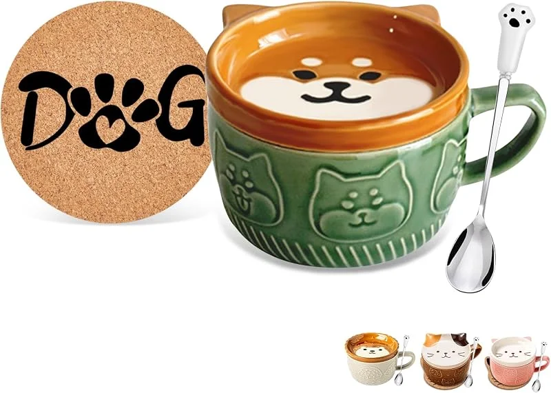 BigNoseDeer Regalos para las mujeres su lindo perro Kawaii tazas de café con tapas, regalos de cumpleaños de Navidad para las niñas amigo de los animales de café de cerámica taza de té de postre platillo Set — Adviento y mesa