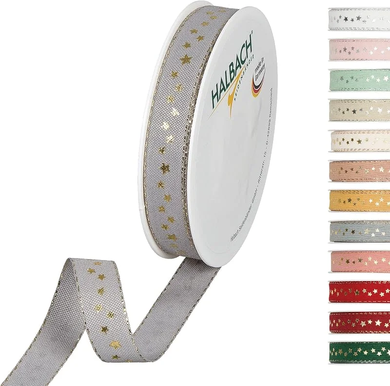 Halbach Seidenbänder Cinta de Regalo de Navidad, Poliéster, Gris, 15 mm x 18m — Envoltorio regalo