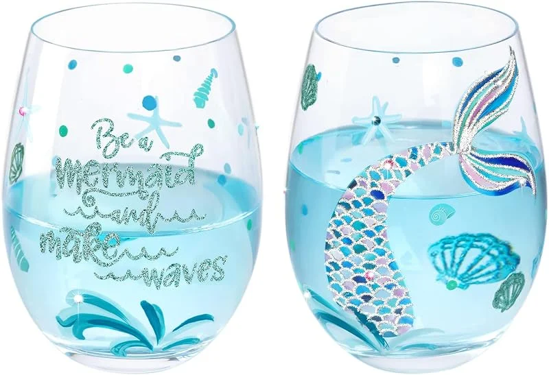 Visita la tienda de NymphFable NymphFable Juego de Copas de Vino sin Tallo de 2 Sirena de Colores Pintadas a Mano Regalo Aniversario Personalizadas 520ml — Vino y mesa festiva