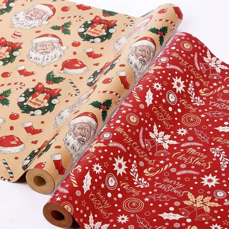 Ahfulife 2 Rollos Papel Regalo Navideño, 43cm x 15M per Rollos Papel Embalaje Navideño Reciclables Caja de Embalaje de Papel Kraft Decoración de Fiesta（V: Papá Noel, Campanas Rojas） — Envoltorio regalo