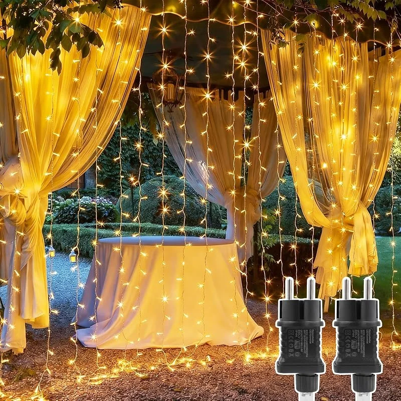 A.bigwhale Cortina de Luces 3x2m 2 Piezas, Luces Navidad con Enchufe para Exterior Interior, 8 Modos Impermeable Guirnalda de Luces para Paredes Habitaciones Balcones Jardín Terraza Decoración Navideña