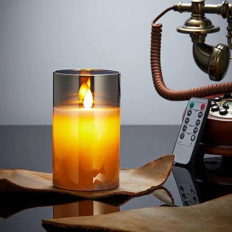 Lonkenn Velas LED, Velas Parpadeante Sin Llama, Funciona con pilas Velas con Vidrio, Vela LED Temporizador con Mando a Distancia, Real Cera, Velas Con y Regulable, Para Dormitorio Comedor Fiesta--12.5cm Gris — Luces Navidad