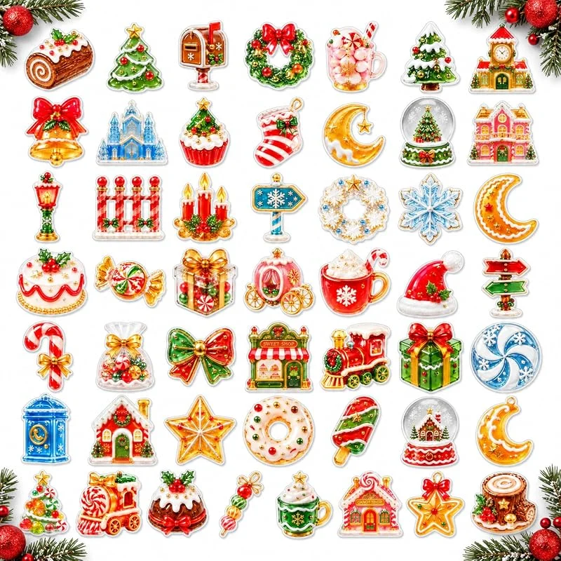 BIVYAX 50 Unidades Pegatinas de Navidad, Transparentes de PET con Motivos Navideños, estilo vintage, impermeables, para manualidades, scrapbooking, tarjetas y regalos — Envoltorio regalo