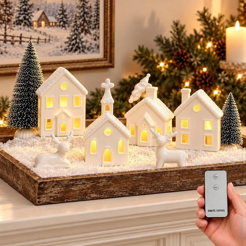 Qulable Decoraciones navideñas para interiores – Juegos de 9 piezas de pueblo de Navidad con 4 casas de cerámica iluminadas con control remoto, 2 árboles, 2 ciervos y Papá Noel, decoración navideña blanca — Decoracion Navidad