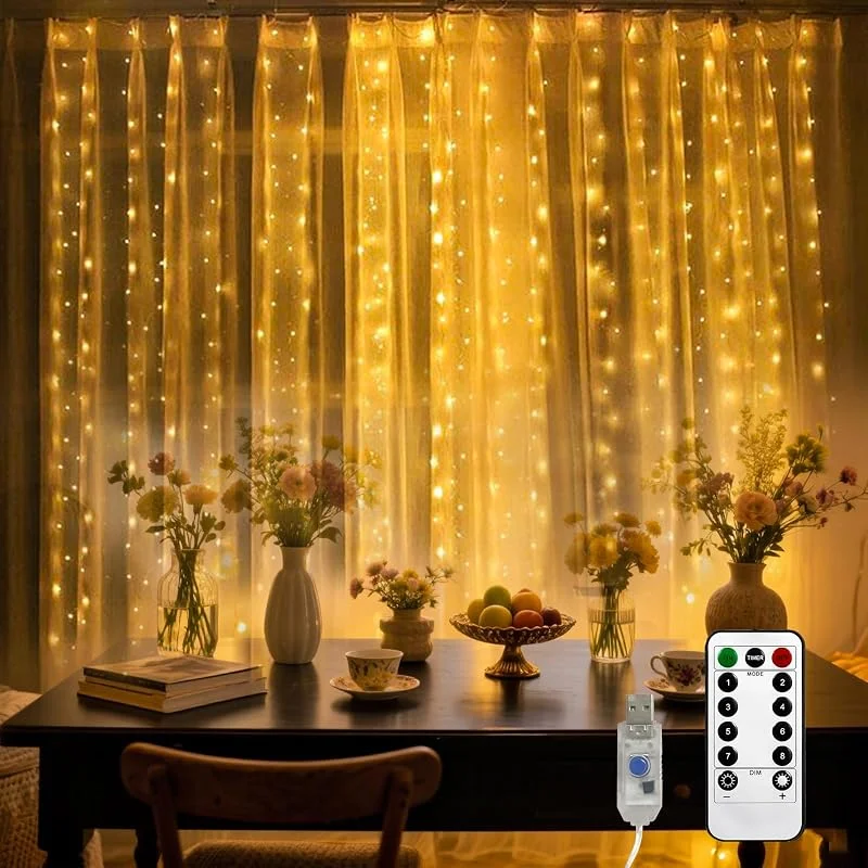 Visita la tienda de LQWELL LQWELL Cortina de luces LED con control remoto, 3 x 3 m, 300 LED, guirnalda de luces para ventana con temporizador, regulable, blanco cálido, 8 modos, ideal para habitaciones, bodas y fiestas — Luces Navidad