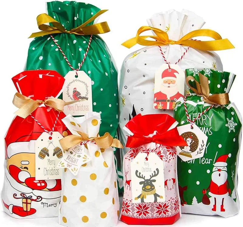 Yiran 30 Piezas Juego De Bolsas De Regalo con Cordón De Navidad, 6 Estilos 3 Tamaños Bolsas De Navidad Bolsa para Envolver Regalos Pack Kids Bolsas De Regalo con Cordón — Envoltorio regalo