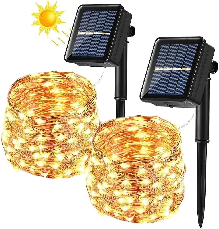 BrizLabs Cadena Luces Solares 2 Paquete 14m 120 LED Guirnalda Luces Solares Exterior Impermeable Iluminación Alambre de Cobre para DIY Navidad Jardín Ventana Valla Boda Decoración, Blanco Cálido — Luces Navidad
