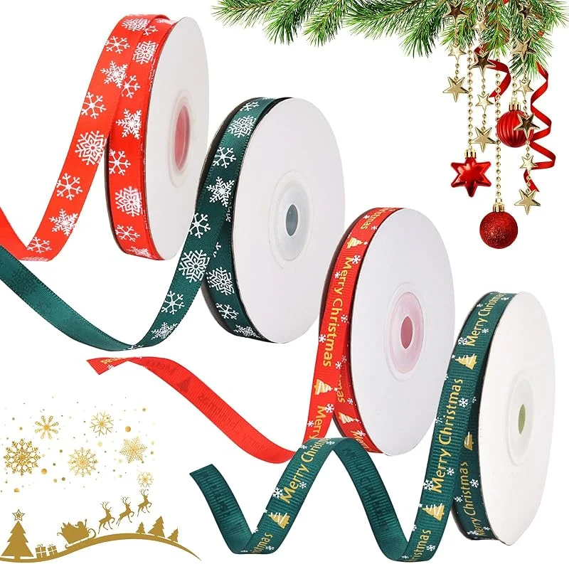 QEEROYO 4 Rollos Cintas de Colores, Cinta Navideña para Envolver Regalos, Cinta de Raso Navidad, Cintas de Navidad, Cinta Lazos Navidad, Cinta de Navideñas Roja y Verde, para Manualidades, Lazos, Arcos de Árbol — Envoltorio regalo
